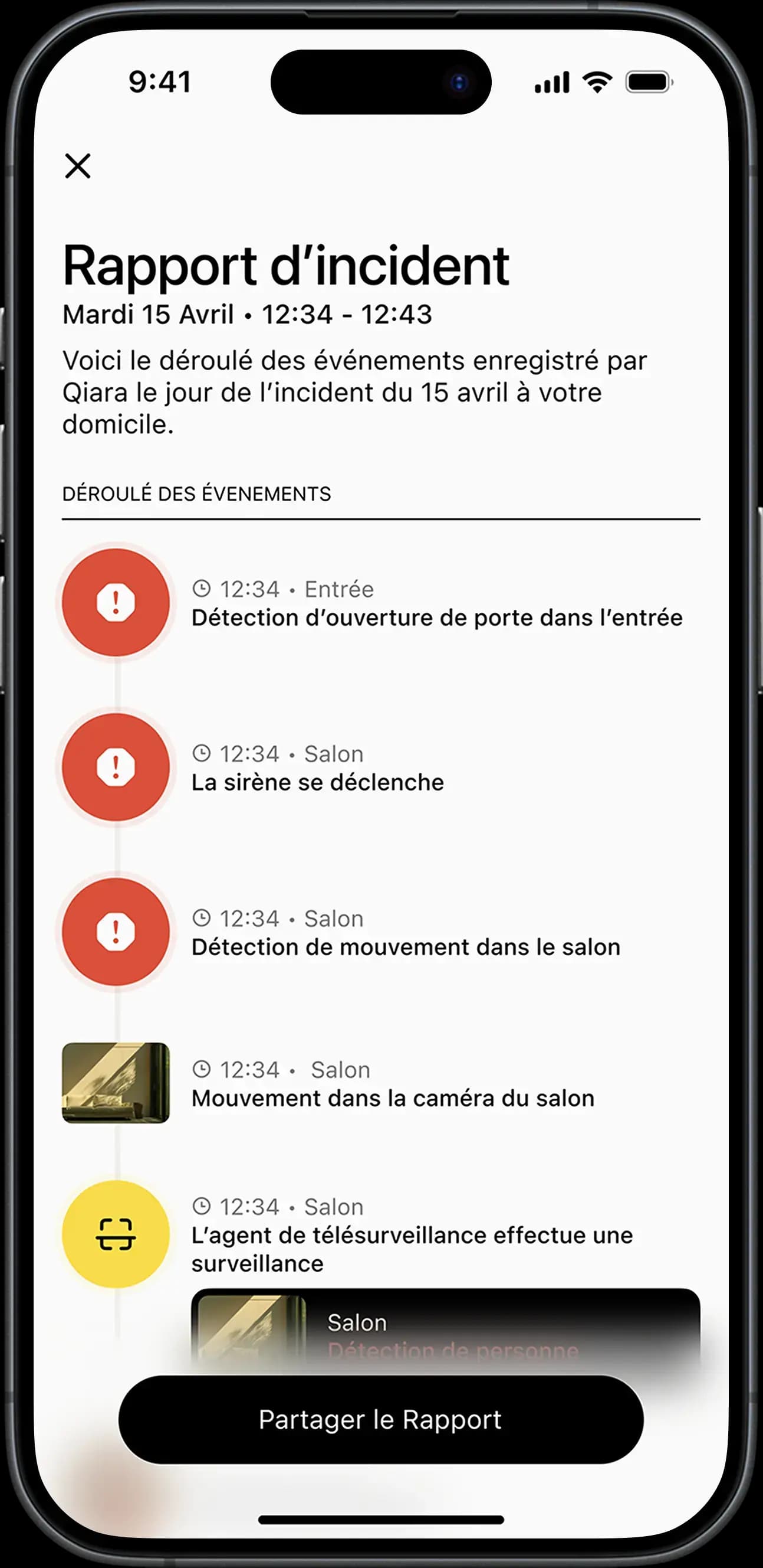 Visuel de l'app avec un rapport d'incident